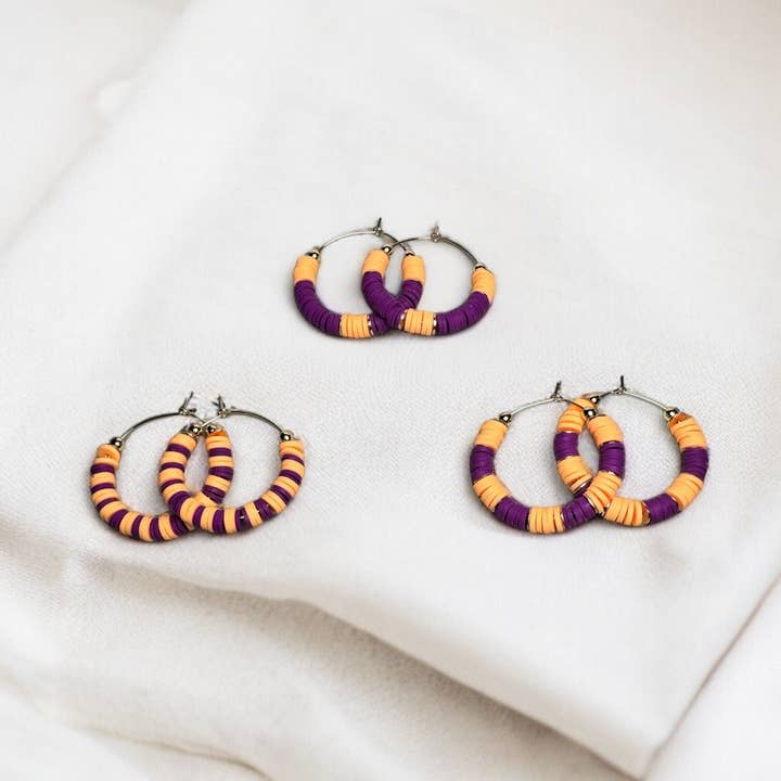 Purple and Gold Game Day Earrings for wholesale by Fish Towne Designs, LLC