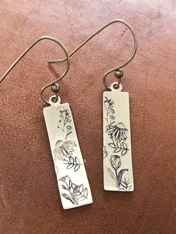 Brass wildflower earrings, hand stamped skinny rectangle for wholesale by Rising Dawn Boutique