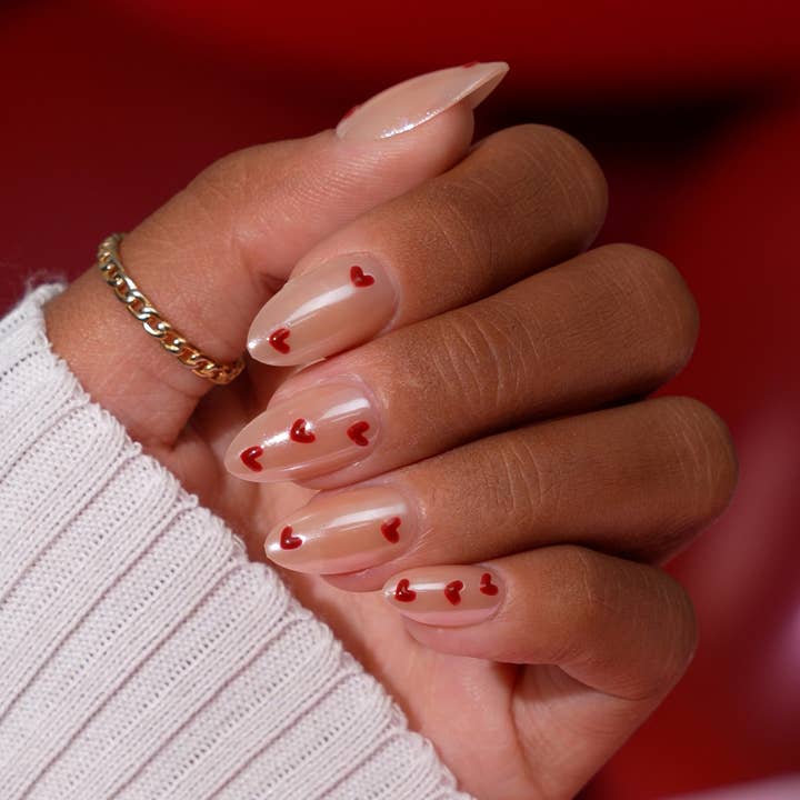 3D Red Heart Valentines False Nails - Short Almond Press On for wholesale by BTArtboxnails