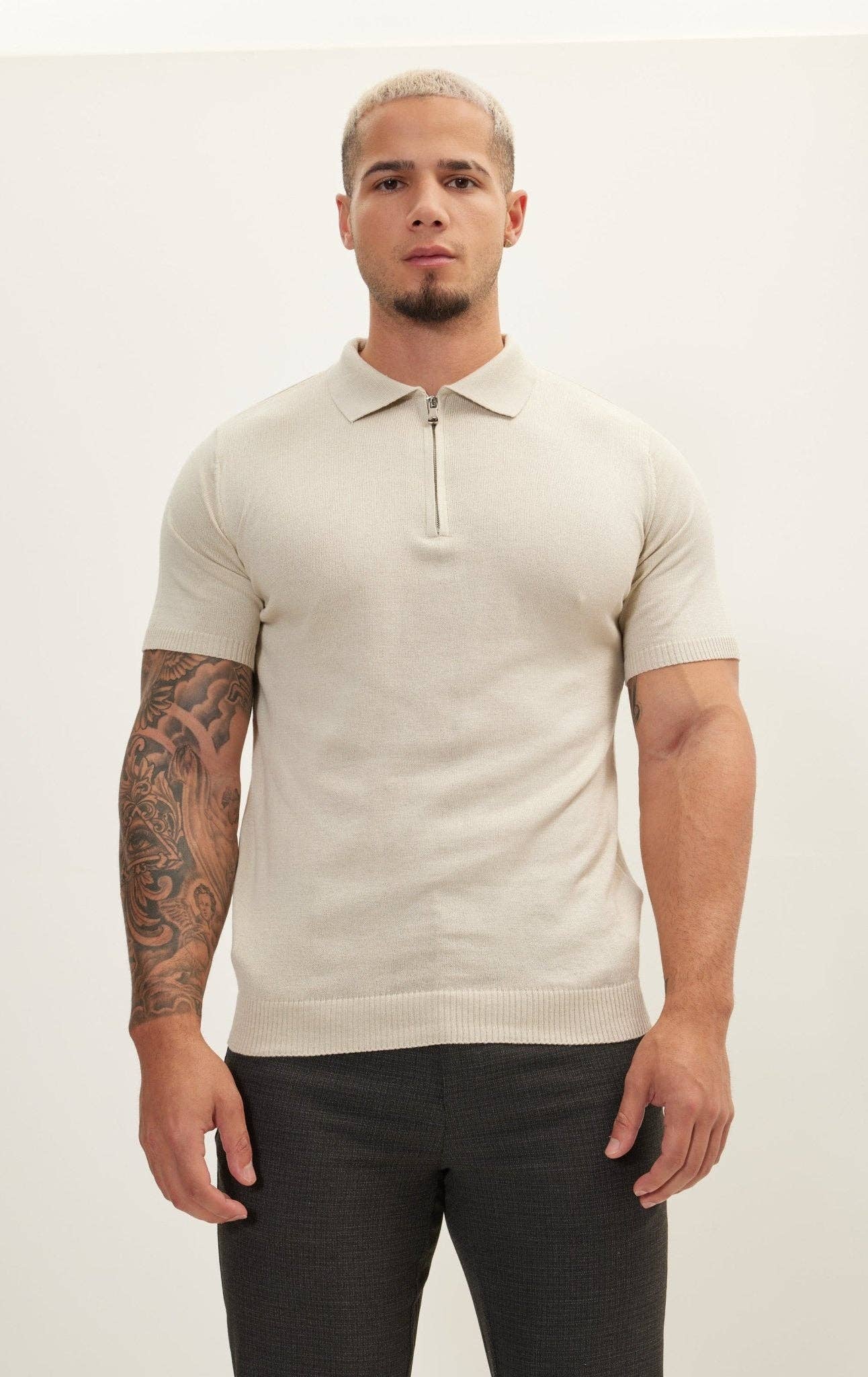Zipper Closure Lightweight Polo Tee - Beige for wholesale on Faire0