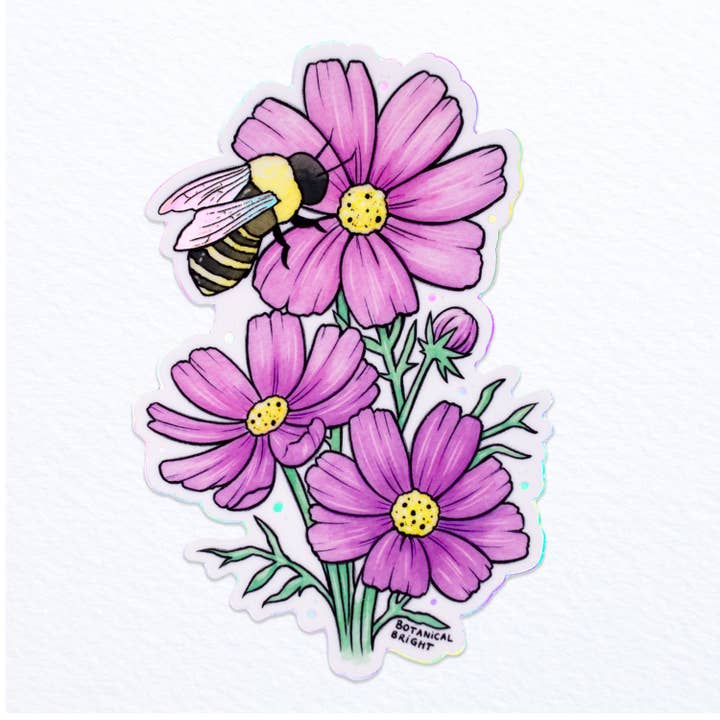 Bee and Cosmos Waterproof Sticker with Holographic Details for wholesale by Botanical Bright