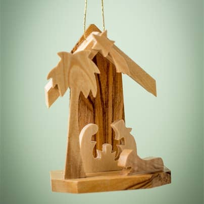 Earthwood - Wholesale Ornament - Mini Grotto with Holy Family and Palm - 2.5"