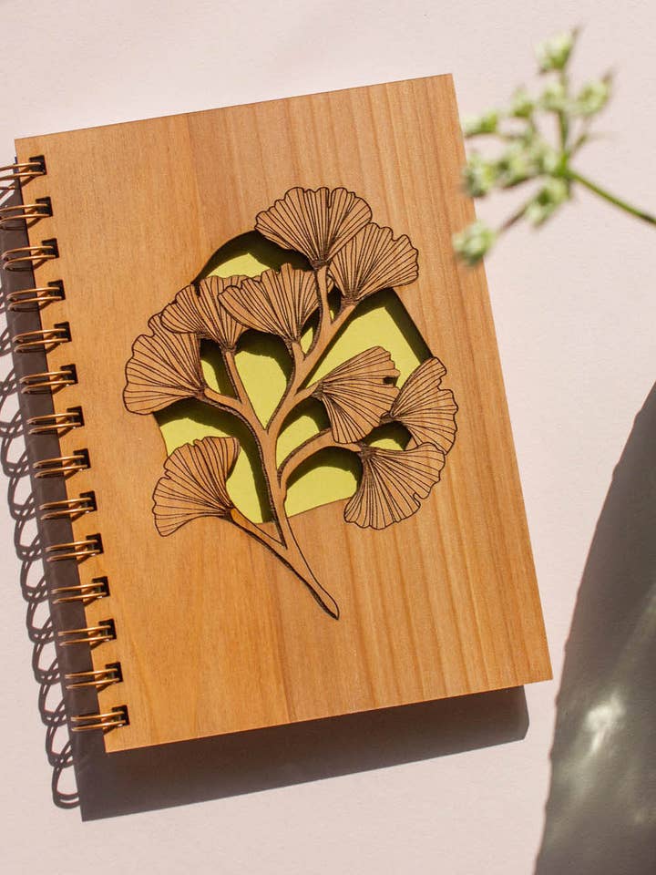 Ginkgo Leaves Wood Journal for wholesale by Hereafter