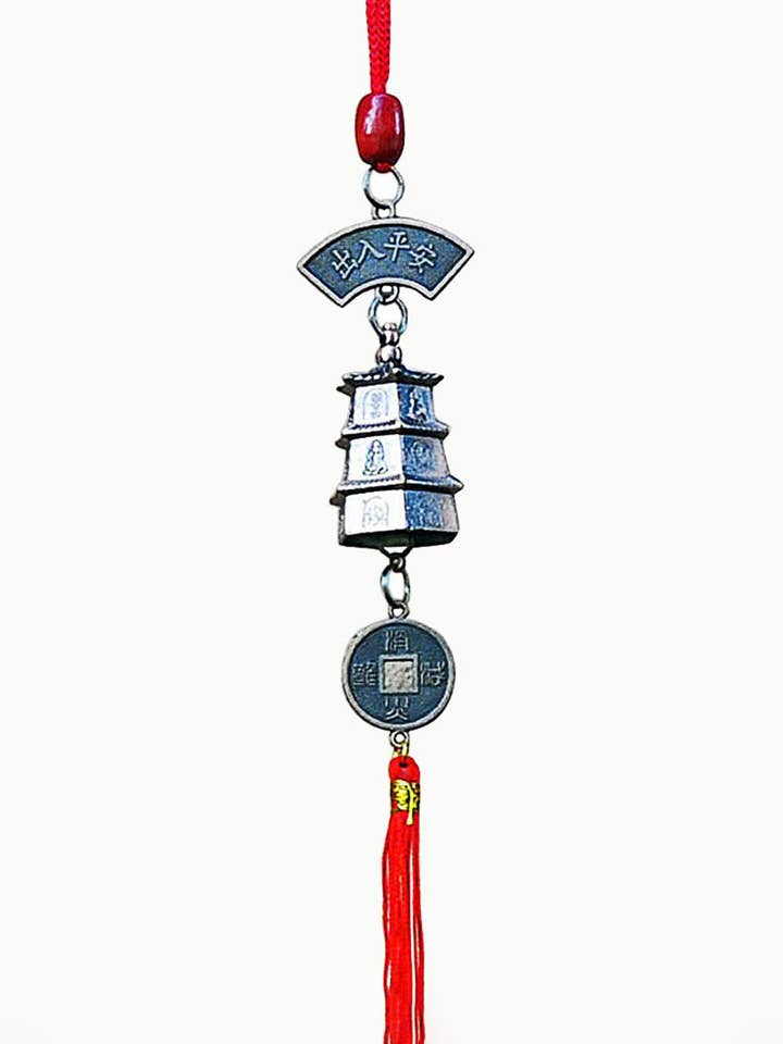 Símbolos auspiciosos de Sivalya, moneda del Feng Shui y campanilla de viento de pagoda con borla roja para venta al por mayor de Sivalya