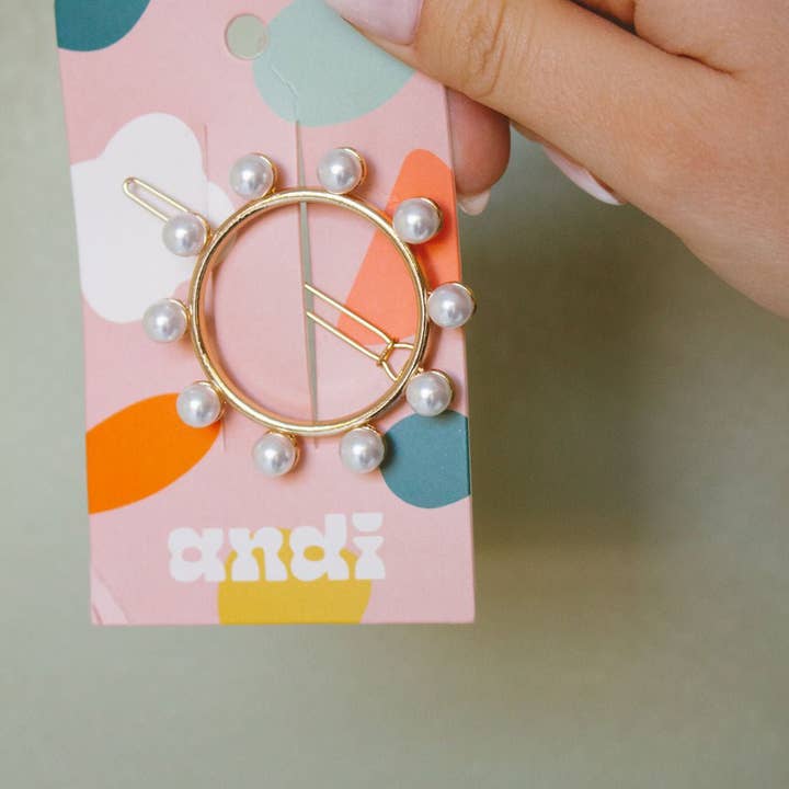 Shop Andi - Wholesale Barrette - Women's - Cleo Gold Circle Pearl Barrette Clip1