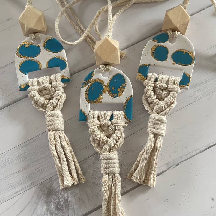 Macrame/polymer clay car diffuser charm for wholesale by Chickadee Creations