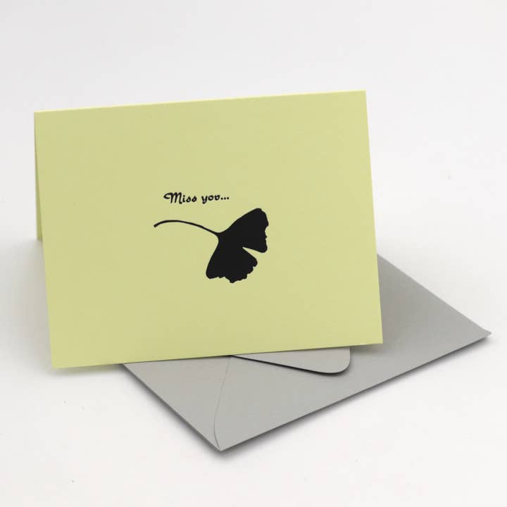 Miss You Ginkgo Leaf Letterpress Greeting for wholesale by Reflex Letterpress