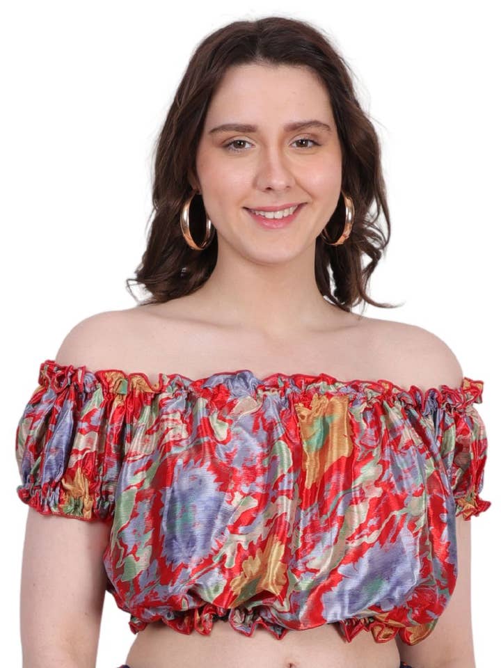 Wevez – Engroshandel Strikket top - Dame – Kvinders trykte off-shoulder crop-længde puff-toppe mix lot2