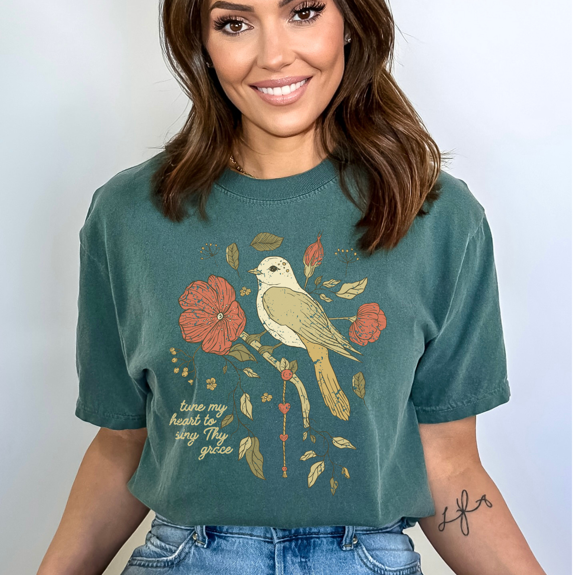 Scripted Pearl - Wholesale T-Shirt (Graphic) - Women's - Tune My Heart with Bird Comfort Colors Christian Graphic Tee9