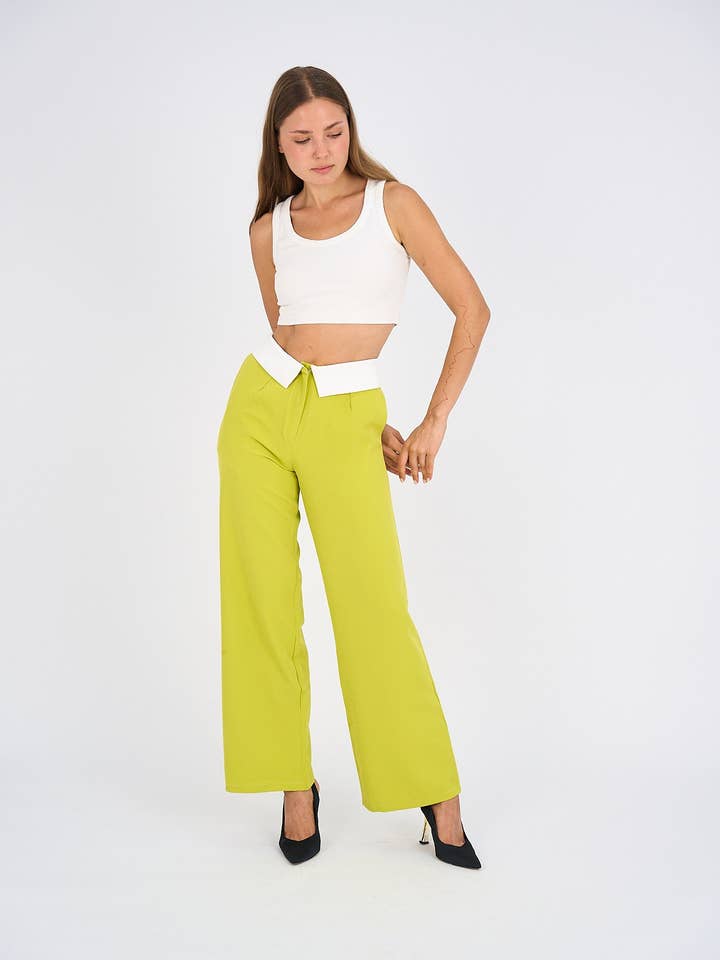 Hushy Wear - Wholesale Pants - Women's - Reversed Waistband Wide Leg Pants - Lime Green