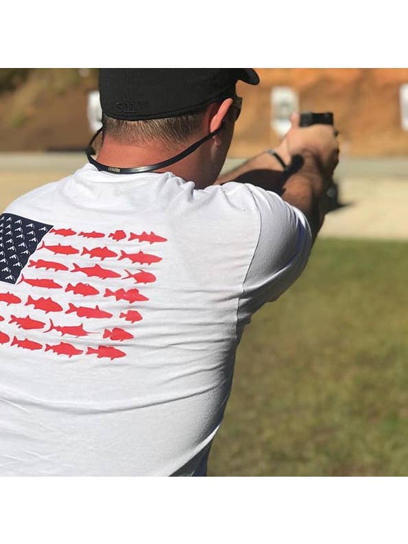 White Distressed American Fish Flag T-Shirt (White) for wholesale on Faire2