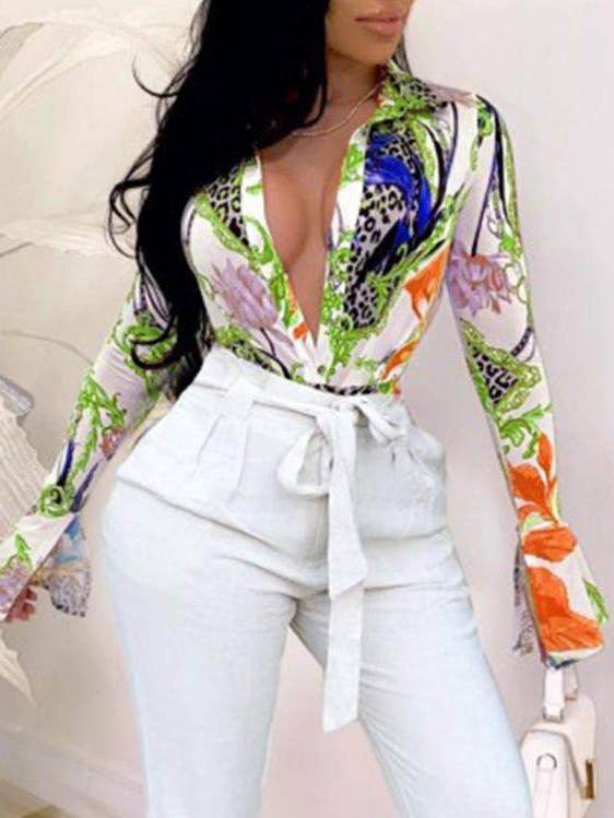 scarf print flared sleeve button front top for wholesale by Flarix