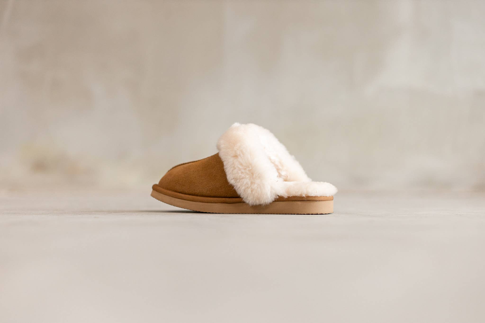 Van Buren – Großhandel Hausschuhe – Damen – Slipper Lumi aus weichem Wildleder mit Wollkragen | Camel | Größe 37-431