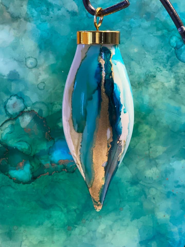 Hand Painted Teardrop Ornament - Teal & Olive for wholesale by Held.