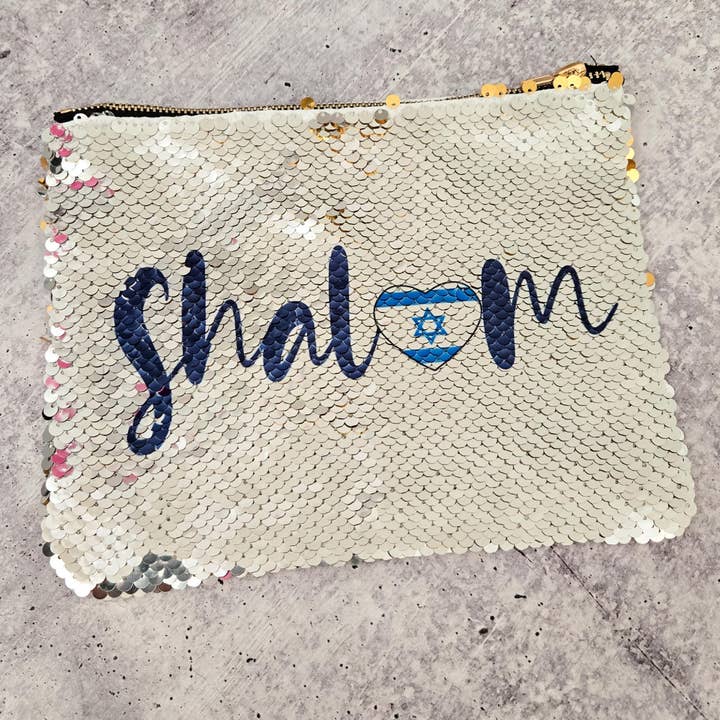 Salt and Sparkle - Wholesale Pouch - Women's - Shalom Israel Heart Flag Sequined Pouch