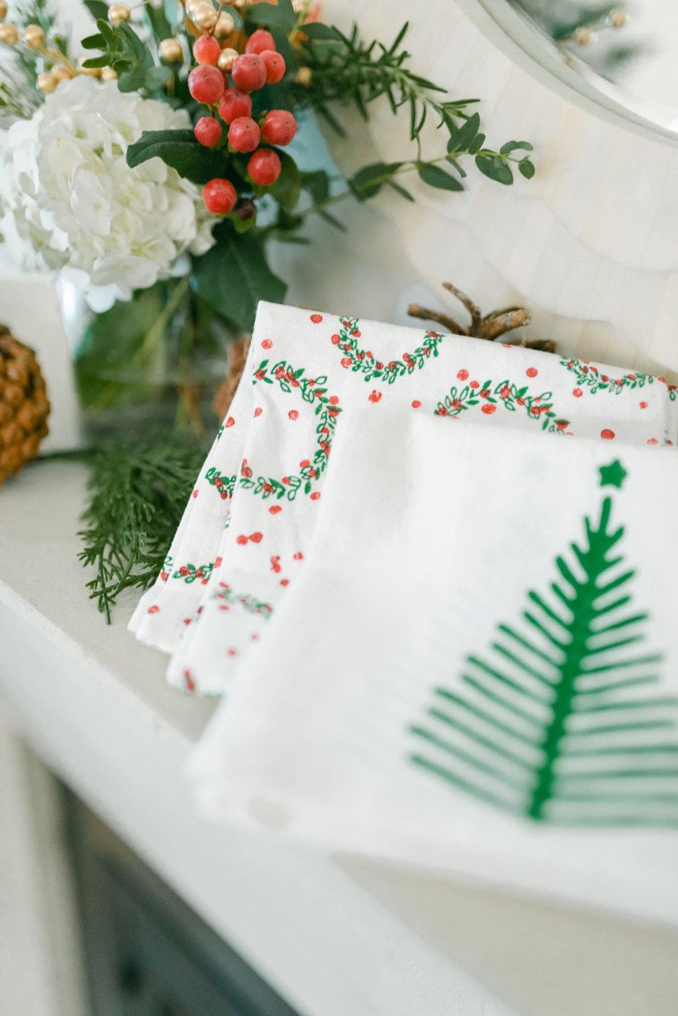 Mended - Wholesale Tea Towel - Tea Towel - Wreath, Evergreen & Red3