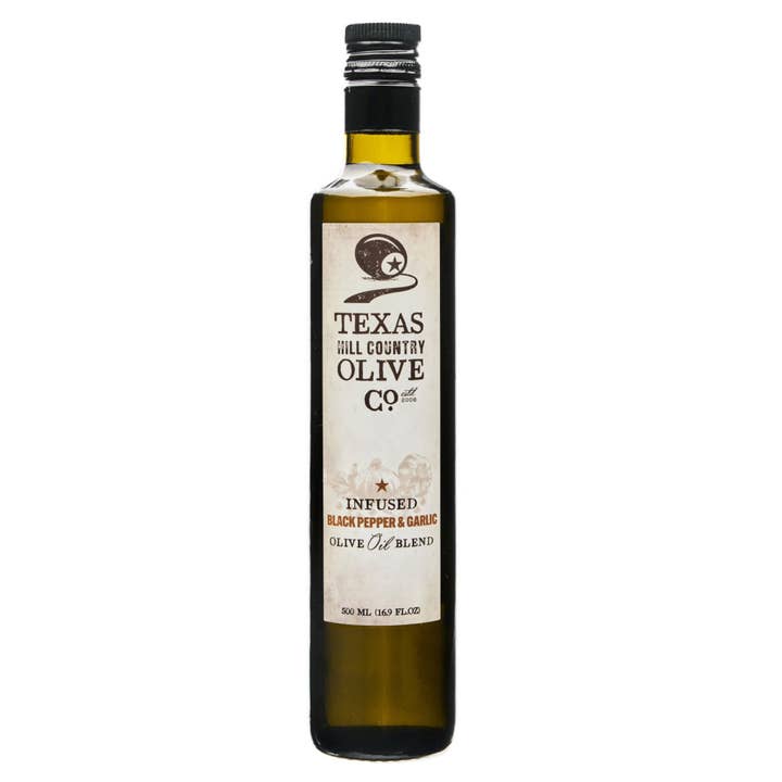 Black Pepper Garlic Infused Olive Oil - 500ml for wholesale by Texas Hill Country Olive Co.