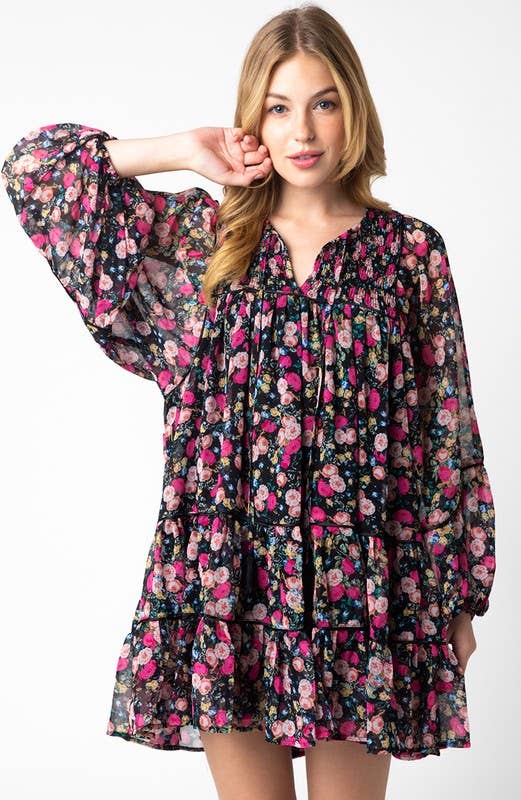 Zwart roze bloem Chiara-jurk voor groothandel op Faire0