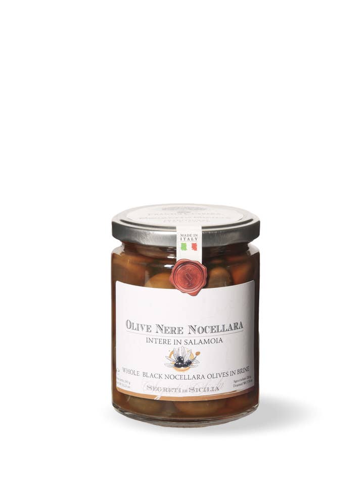 Whole Black Nocellara Olives in Brine for wholesale by Frantoi Cutrera