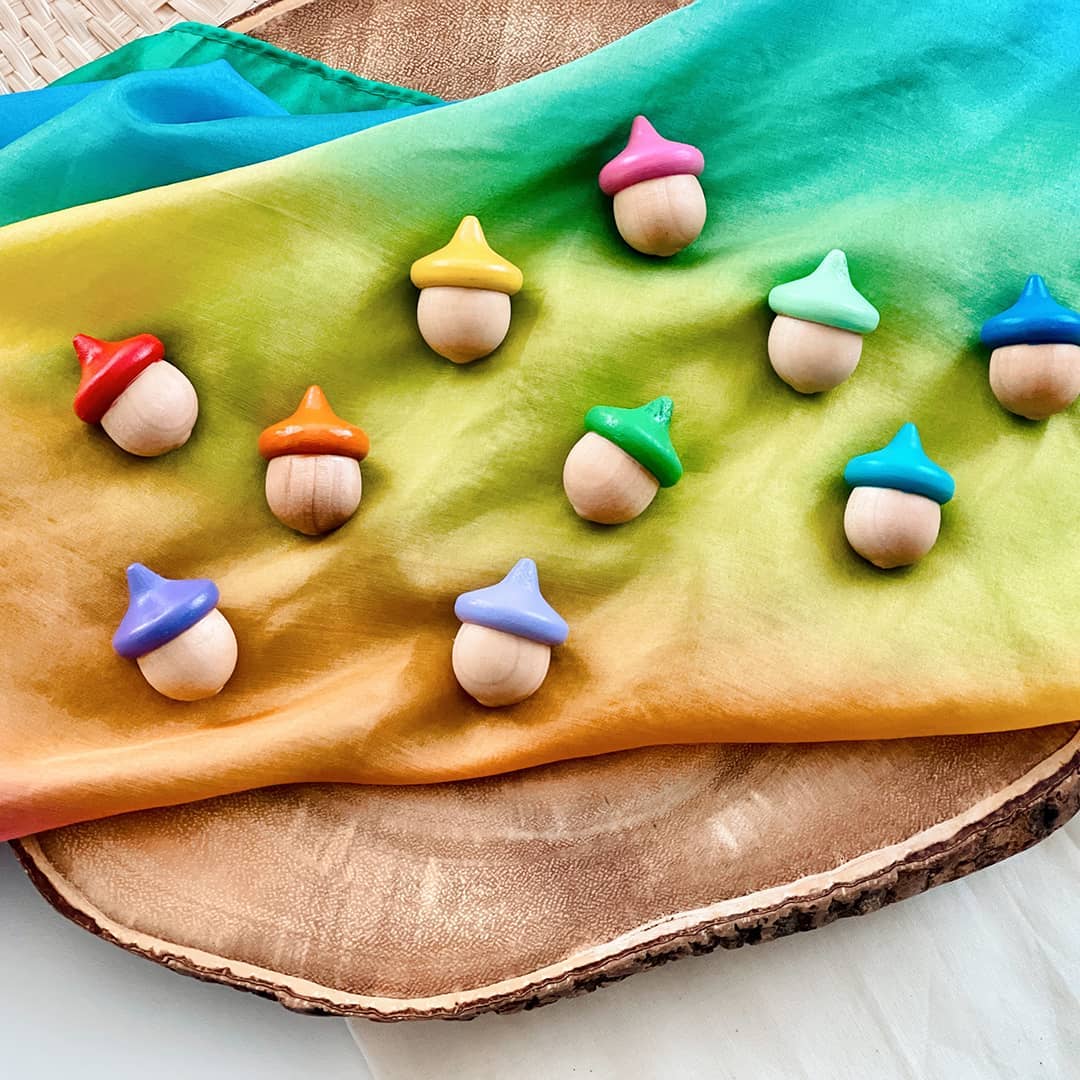 Three Yellow Starfish LLC - Wholesale Wood Toy - Kids - 10 Montessori Rainbow Counting Acorns1