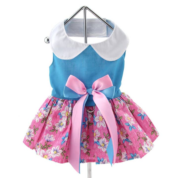 Doggie Design - Wholesale Pet Dress - Dog - Pink and Blue Plumeria Floral Dog Dress w/ Matching Leash