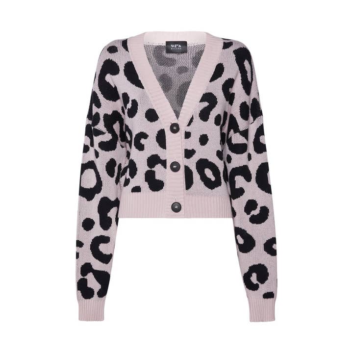 Cardigan court en jacquard léopard rose et noir Dakota pour la vente par Sveta Milano