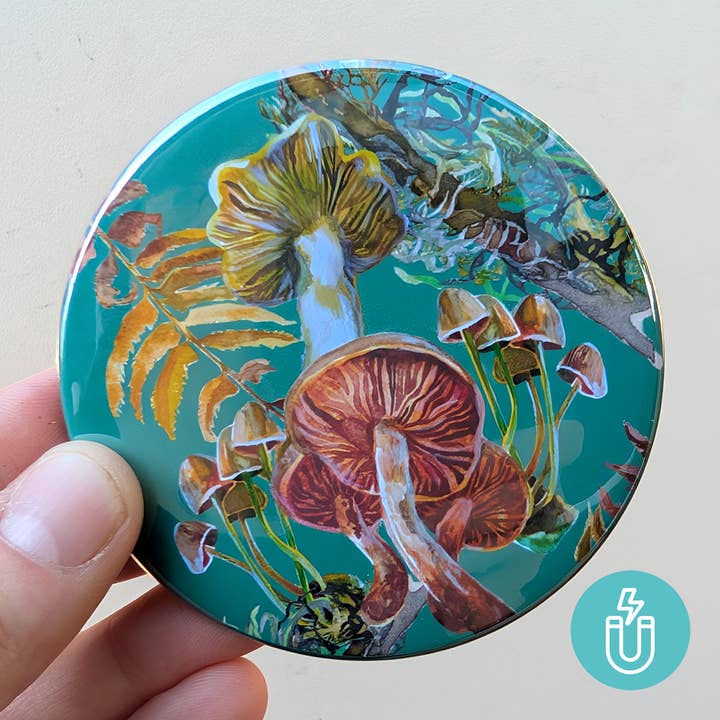 Forest Mushrooms Nature Art Magnet 3" round for wholesale by Marigold Art Studios