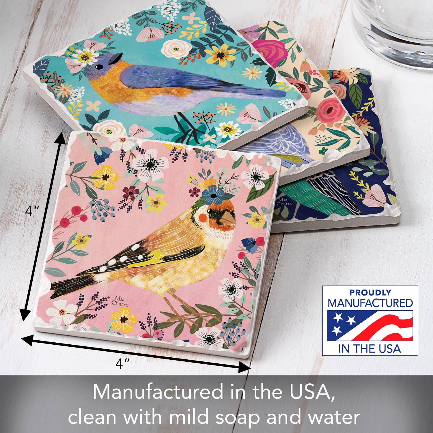CounterArt/Highland Home/Thirstystone - Wholesale Coasters - "Floral Birds" 4 Pack Assorted Image Coaster Set2