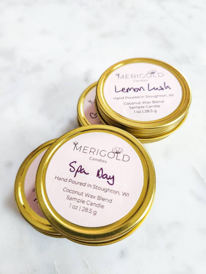 Candle Scent Sample Gold Tins- Try before you buy! for wholesale by Merigold Candles