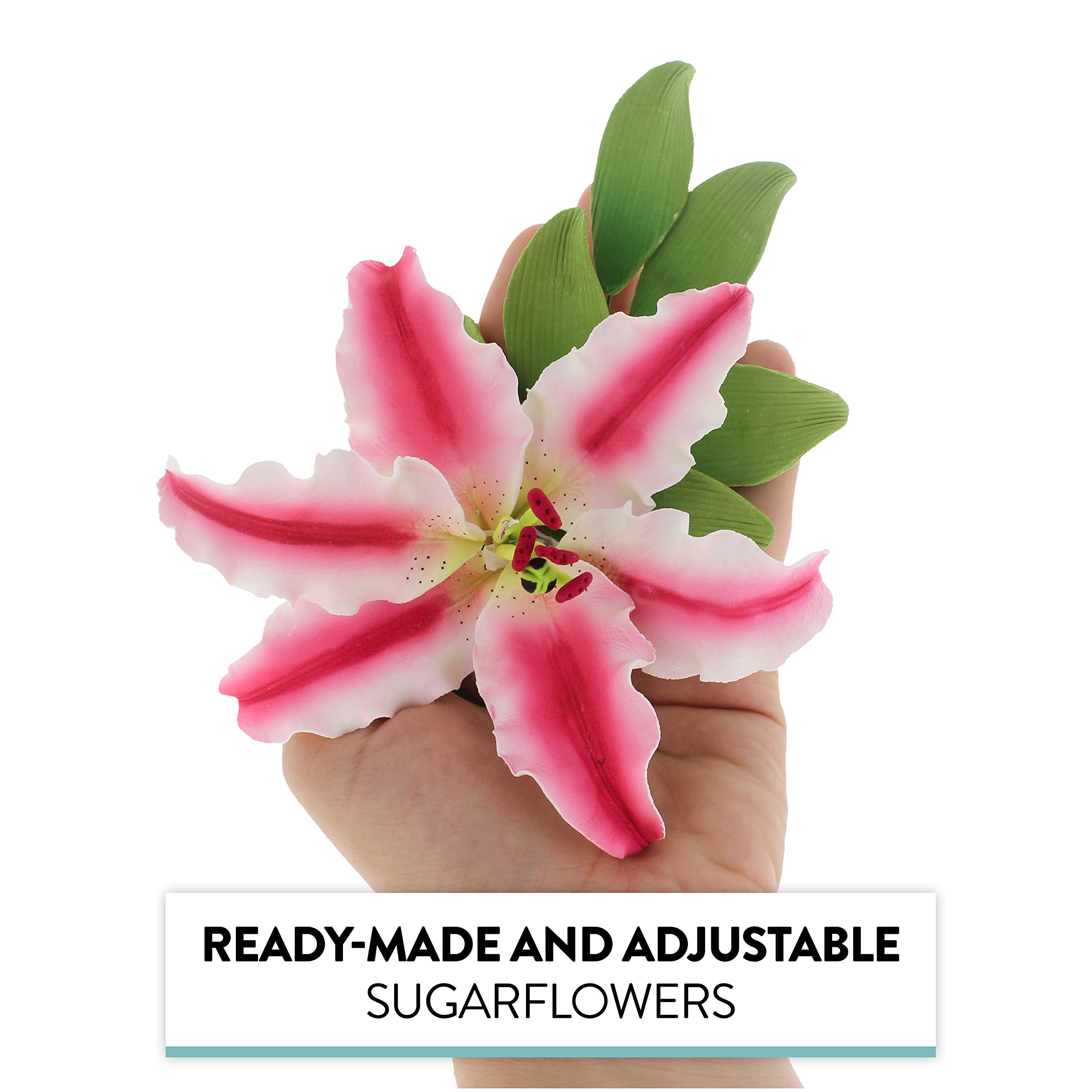 Global Sugar Art - Wholesale Artificial Flowers - Stargazer Lily Sugar Flowers with Leaf Sprays by Global Sugar Art, Pink and White, 3 Count2