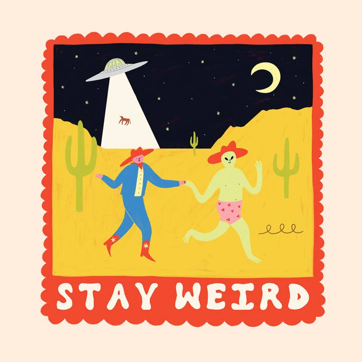 Stay Weird Sticker | Alien UFO Vinyl Sticker | Cowboy for wholesale by Little Black Cat Illustrated Goods