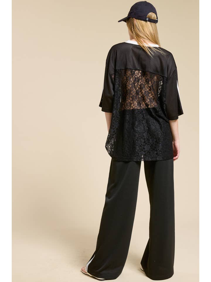 Black Lace Trim Wide Leg Track Pants with Drawstring Waist for wholesale on Faire7