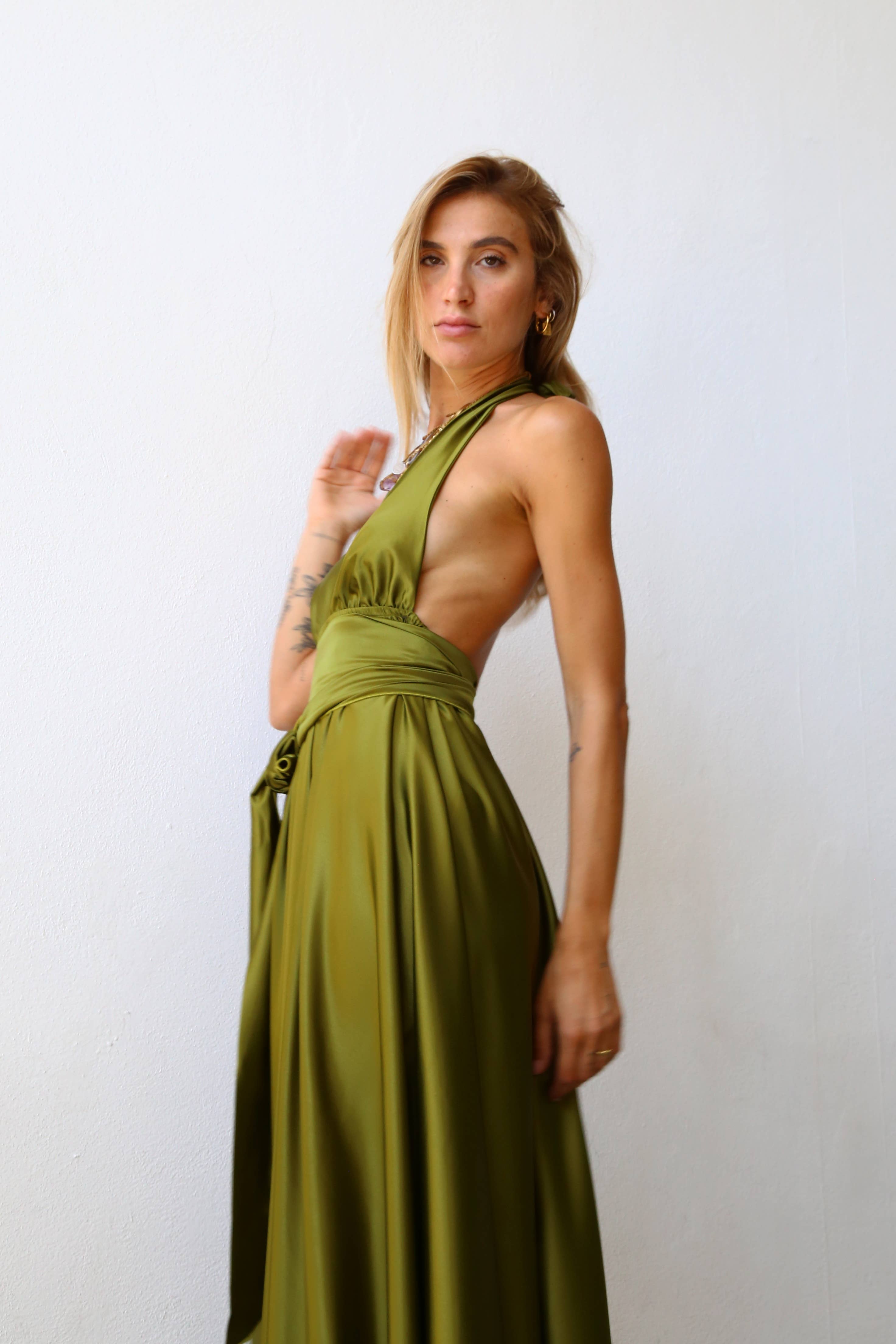P3169 LONG MARILYN DRESS WITH FLARED SKIRT AND OLIVE GREEN BELT for wholesale on Faire2