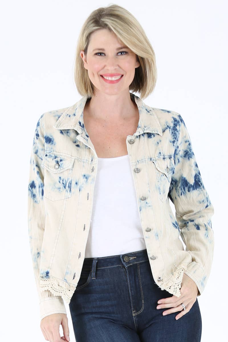 E2T83-ASIS BLEACH TIE DYE WASH DENIM JACKET WITH LACE HEM for wholesale on Faire8