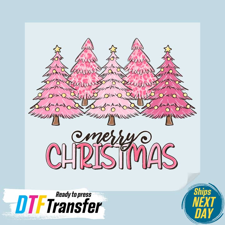 Merry Christmas Pink Trees DTF Transfer for wholesale by DTF Office