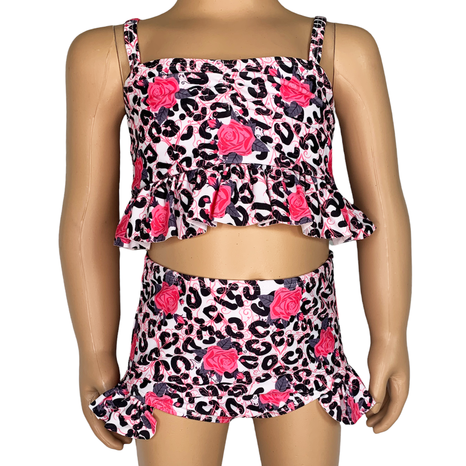 AnnLoren - Wholesale Two Piece Swimsuit - Kids - Girls 2 piece Leopard Rose Tankini Swimwear Bikini Beach1