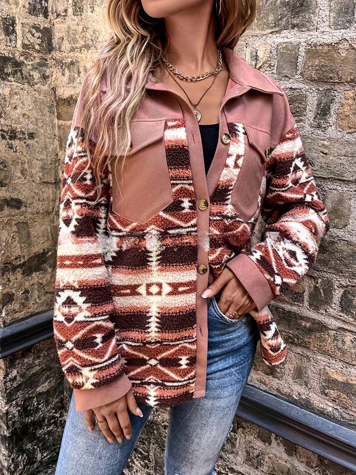 Rosa Clothing - Wholesale Jacket - Women's - Western button aztec print jacket shacket