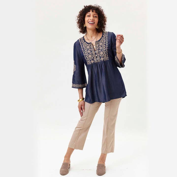 rockflowerpaper - Wholesale Tunic - Women's - DENIM TENCEL Tunic with Tan Embroidery