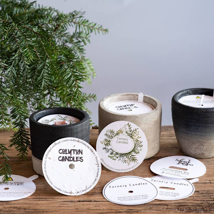 Copri antipolvere con istruzioni di avvertimento e istruzioni per la combustione delle candele stampate personalizzate per la vendita all'ingrosso da parte di Fernery Designs