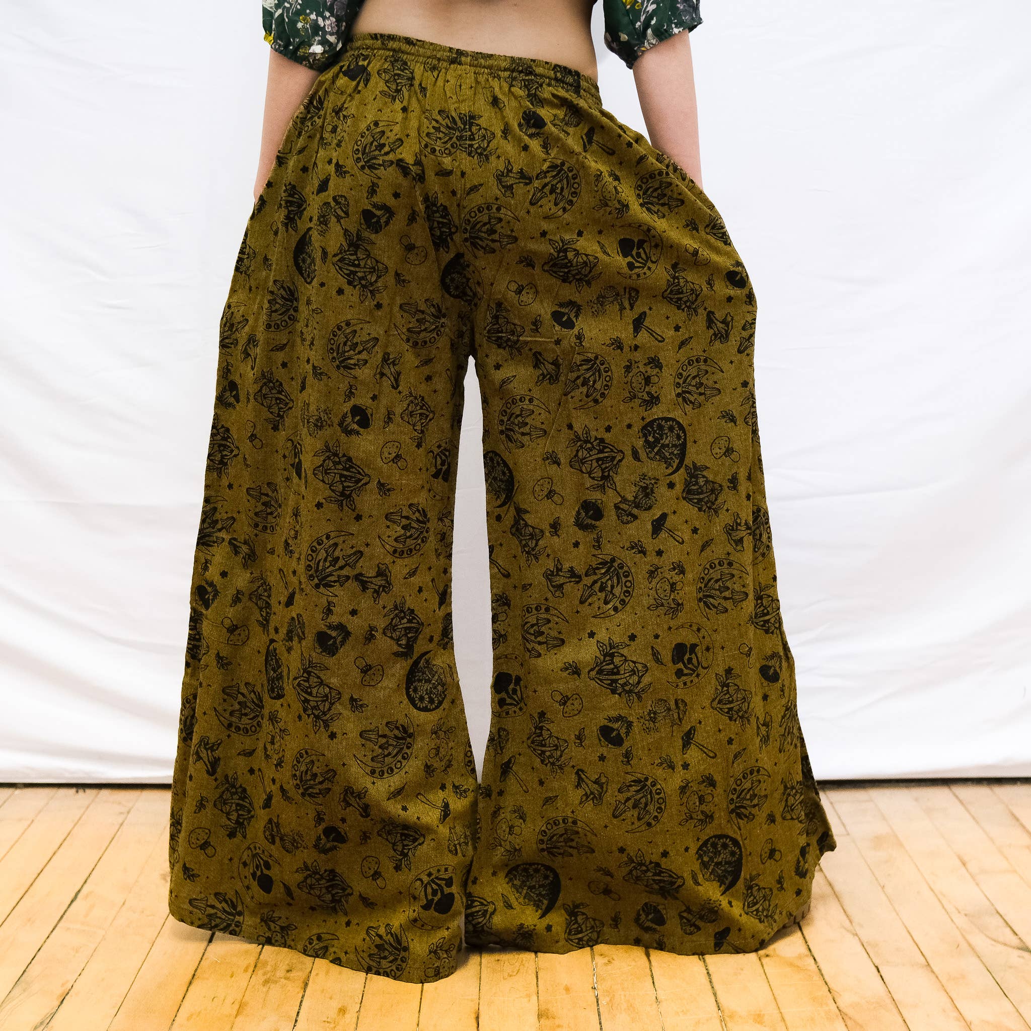 Karma Nepal Crafts - Wholesale Pants - Women's - Flowy Mushroom/Celestial Wide Leg Cotton Pants with Pockets2