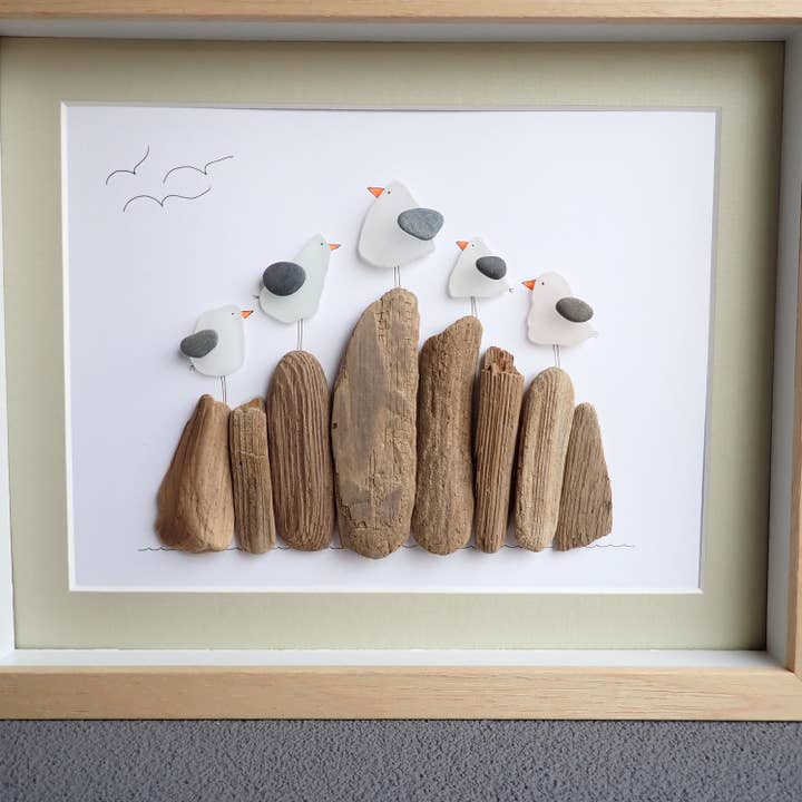 Driftsea Creations - Wholesale Wood Wall Art - Sea Glass Sea Gulls on Driftwood1