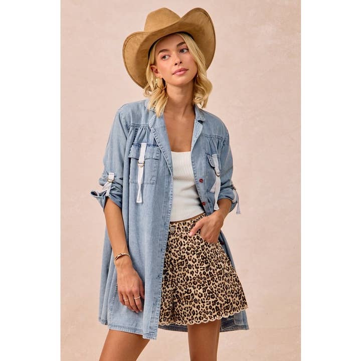 IVE - Wholesale Button Down Shirt - Women's - Washed Denim Roll Up Button Long Long Shirt