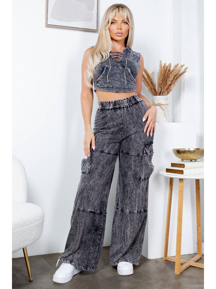 Jour - Vente Ensemble de vêtements d'intérieur – femme - Haut court à capuche délavé aux minéraux et pantalon à poche cargo GD56092