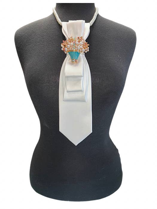 Custom Necktie Necklace - White Satin w Flower Basket Brooch for wholesale by See it…Love it…Buy it