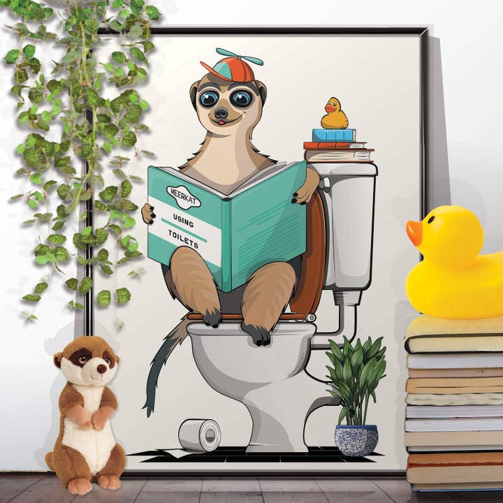 Meerkat on the Toilet, divertente poster da bagno, decorazione da parete per casa per la vendita all'ingrosso da parte di In The Washroom