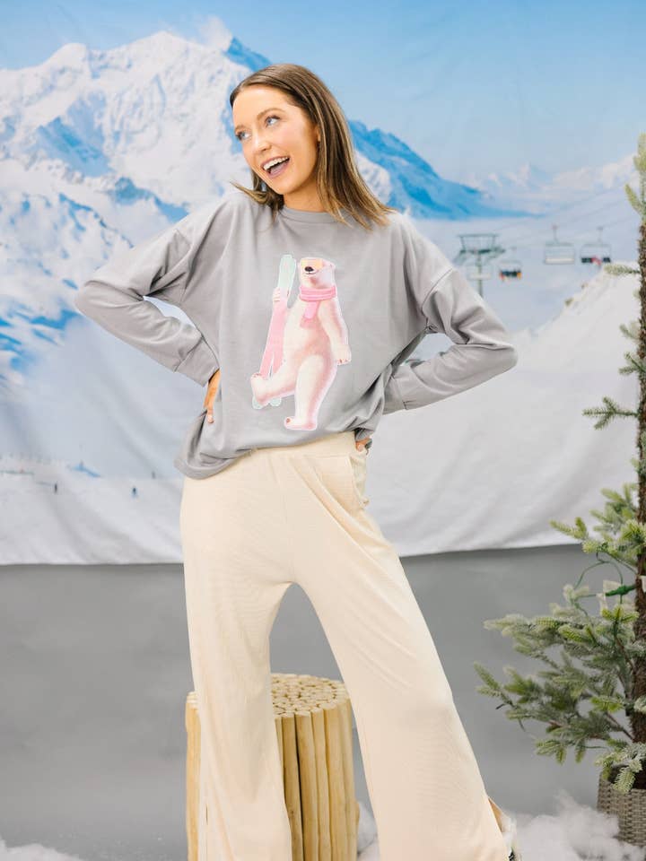 Polar Bear Skiing on Light Weight Sweatshirt, Grey for wholesale by GRACE+EMMA by Southern Grace