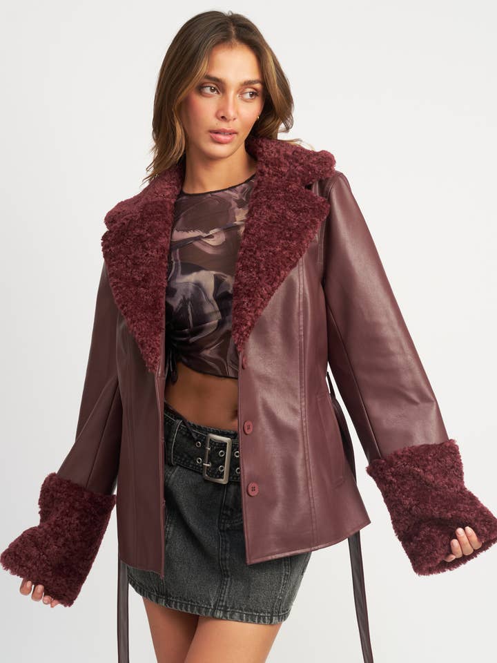 BURGUNDY BELTED FAUX SHEARING TRIMMED JACKET for wholesale on Faire