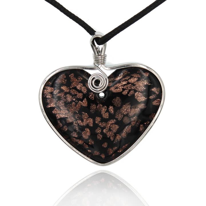 Murano Inspired Blown Glass Black and Gold Heart Pendant for wholesale by BESHEEK JEWELRY