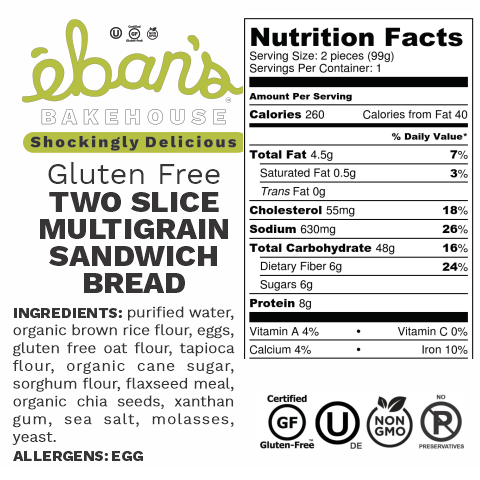 Eban's Bakehouse - Wholesale Bread/Tortilla - Gluten-Free Multigrain Sandwich Bread - 2 slice packs2