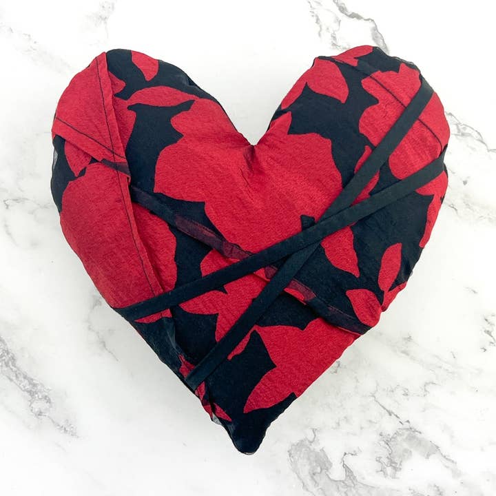 Red and Black Floral Heart Pillow with Pleats for wholesale by Sumie Tachibana